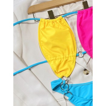 Vigorashely 2023 Sexy Solid Patchwork Swimwear Women Halter Push UP One Piece Swimsuit Monokini Hollow High Cut Bathing Suit